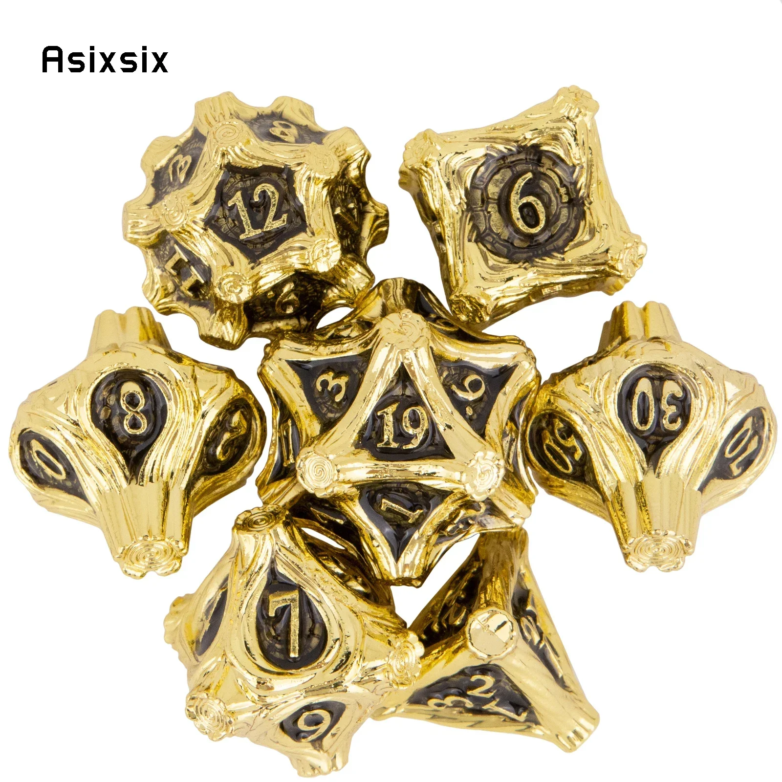 

7 Pcs Golden Black Tree Stump Root Metal Dice Solid Metal Polyhedral Dice Suitable for Role-Playing RPG Board Game Card Game