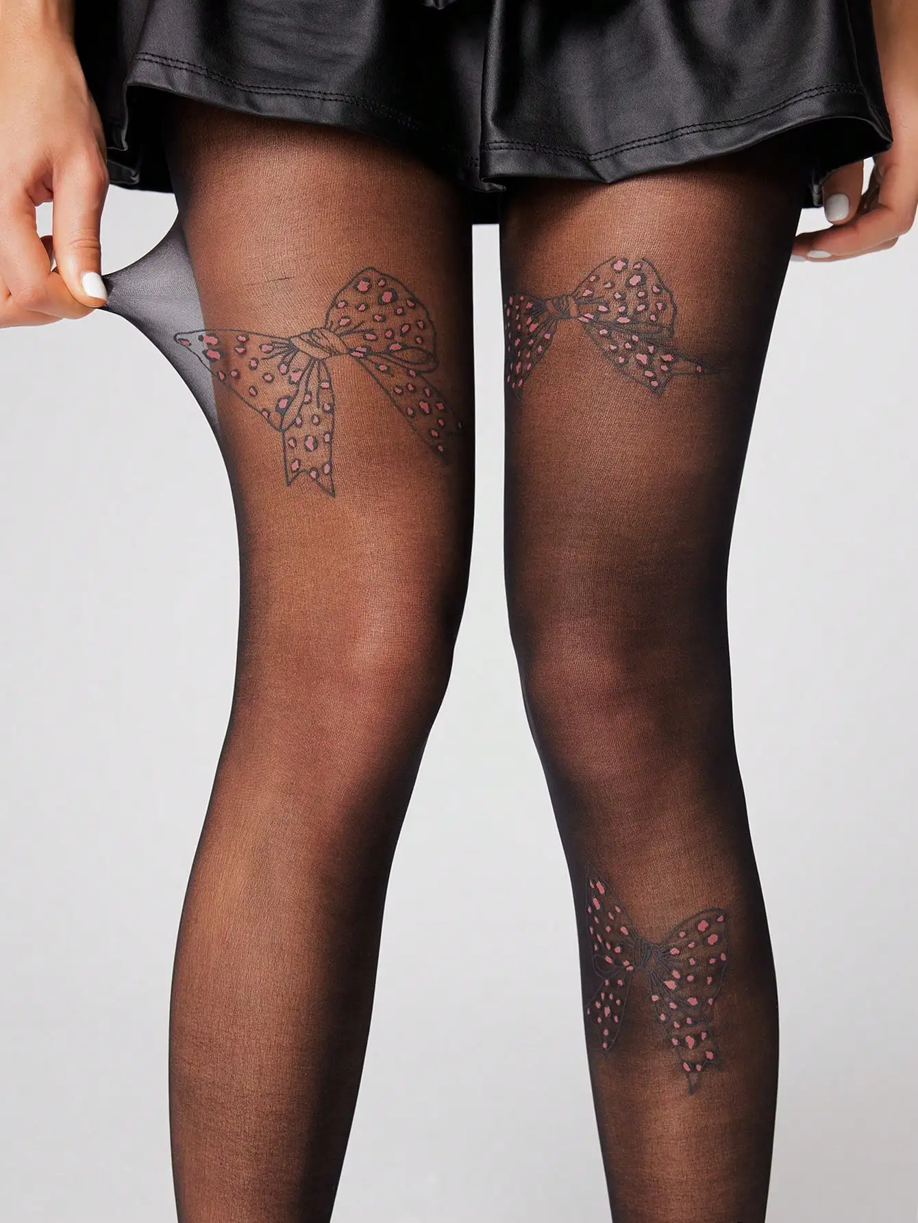 Leopard Bow Printed Sheer Tights Women Skin Color Pantyhose Sweet Cute Stretch Thin Stockings