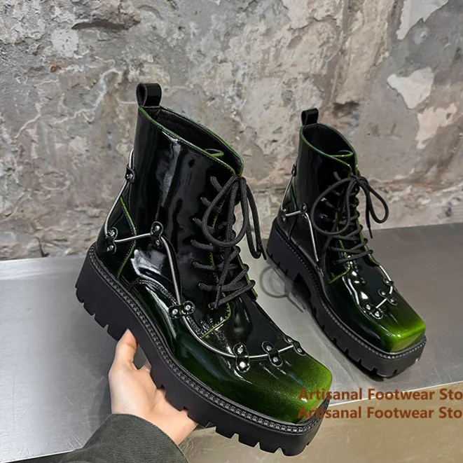 Shiny Metallic Green Patent Leather Ankle Boots Square Toe Lace Up Platform Sole Punk Non-Slip Boots Trendy Men's Booties