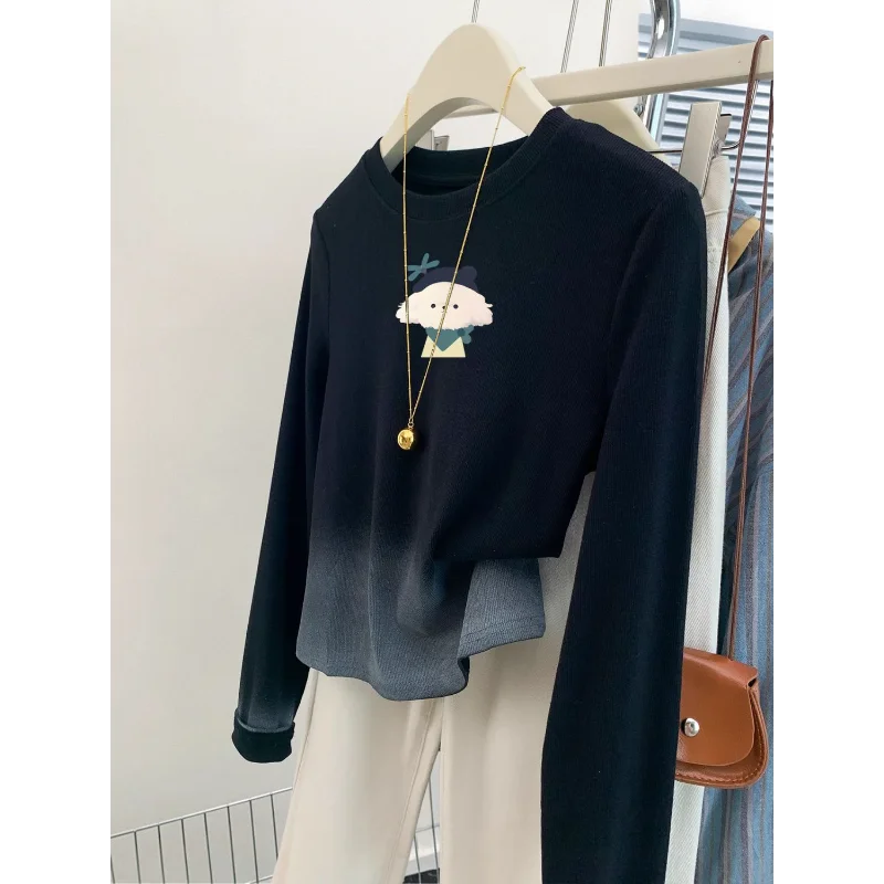 Gradient Long-sleeved T-shirt Women's Pure Cotton Right Shoulder New Spring and Autumn Short Slim Fit Bottoming Top