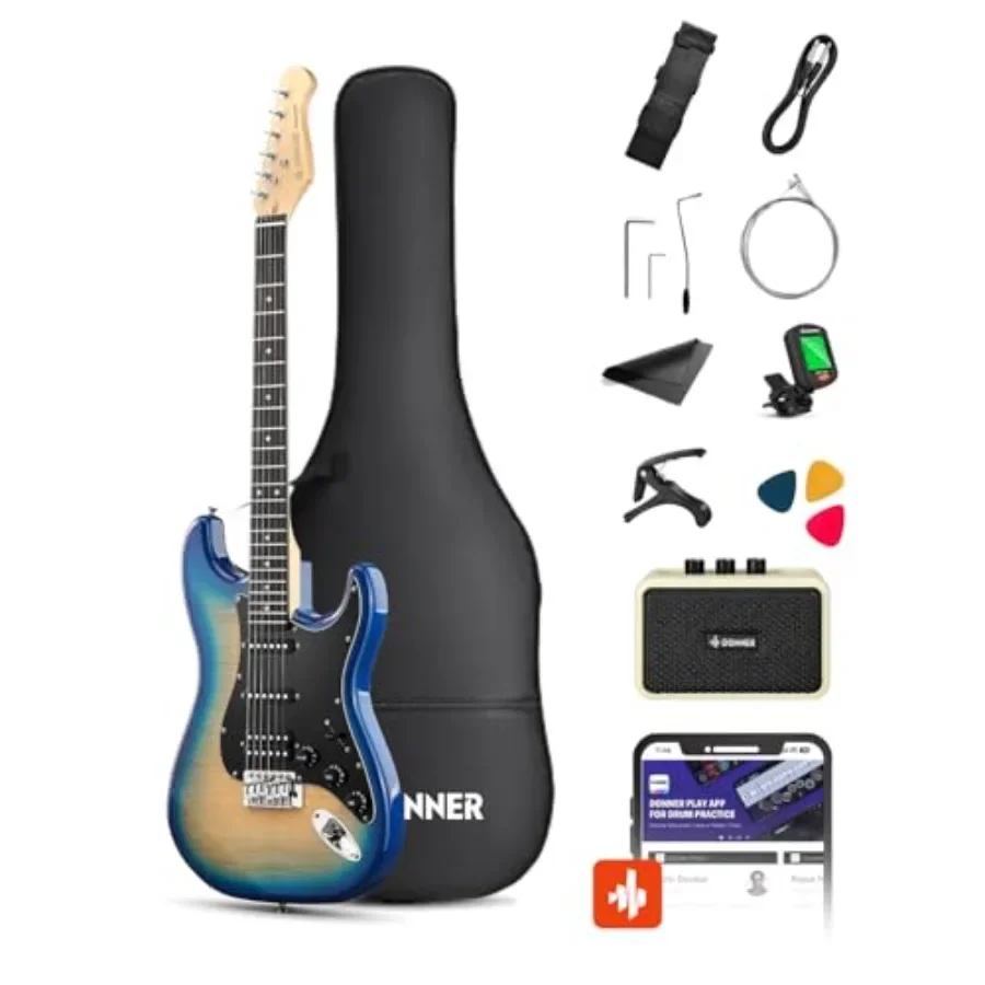 DST-90 Electric Guitar for beginners, full-size 39 with HSS pickup, Caribbean Burst finish, includes amp, gig bag, tuner, capo,