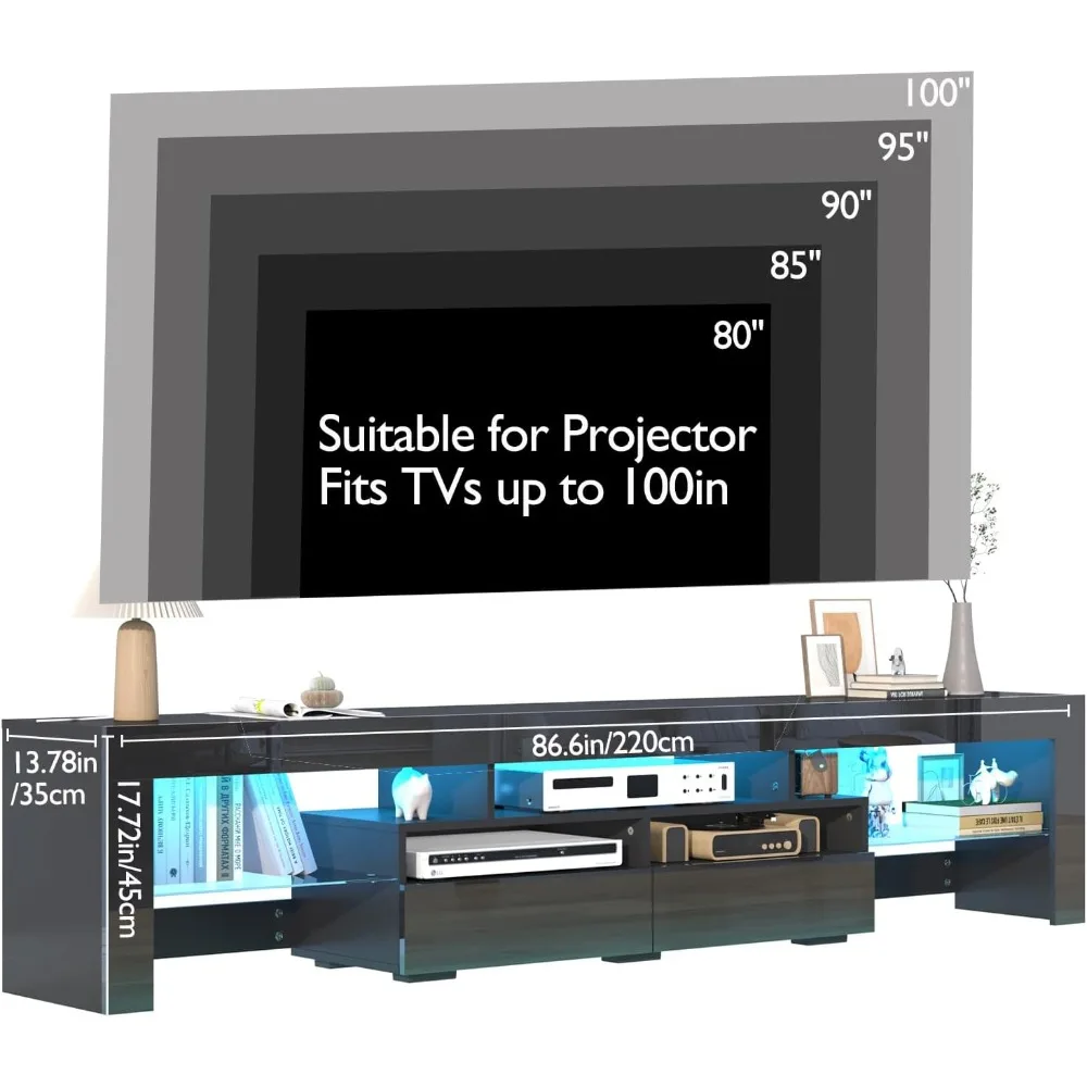 Meuble TV moderne pour téléviseurs de 85 à 95 pouces – Centre de divertissement noir brillant pour le salon