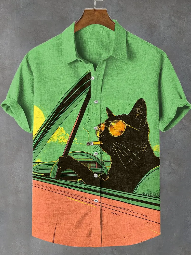 Camisa havaiana com estampa de gato engraçado masculino, camisa havaiana com estampa completa 3d para homens e mulheres, verão, manga curta, lapela, camisa aloha