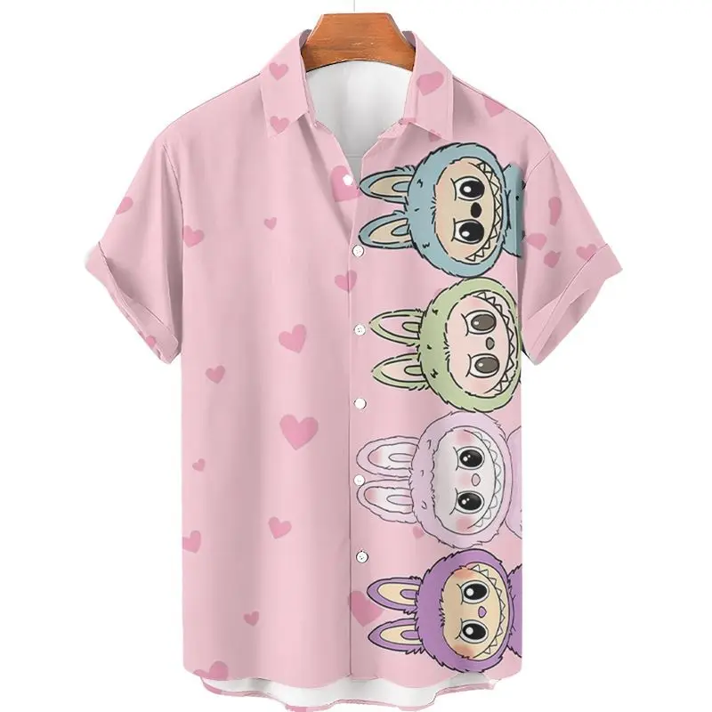 

Large Size Lovely Pink Cartoon Shirts Harajuku Couples Short Sleeve Button Up Blouse Cute Rabbit Elf Printed Graphic Tops Loose