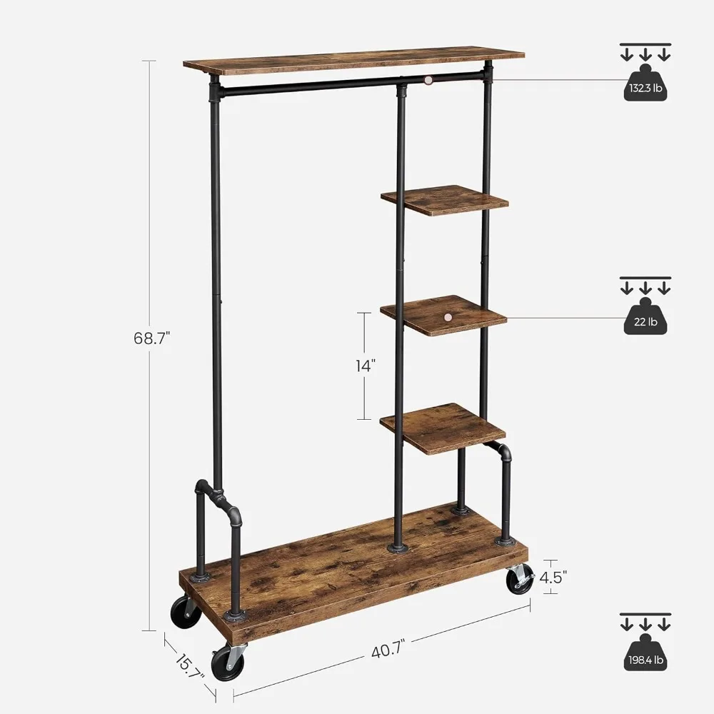 VASAGLE Clothes Rack, Clothing Garment Rack on Wheels, Rolling Clothes Organizer with 5-Tier, Industrial Pipe Style, Rustic