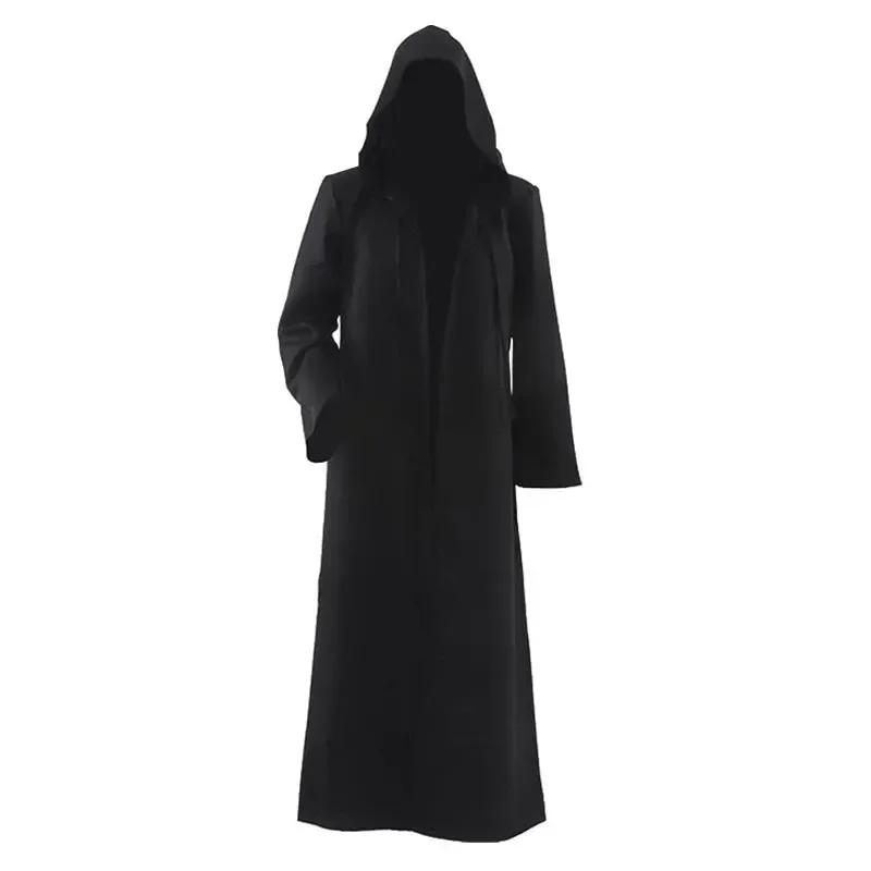 Capa de Halloween, disfraz de Cosplay para adultos, Camisa larga de hechicero con capucha, bata negra, disfraz, túnica de mago, bata con capucha