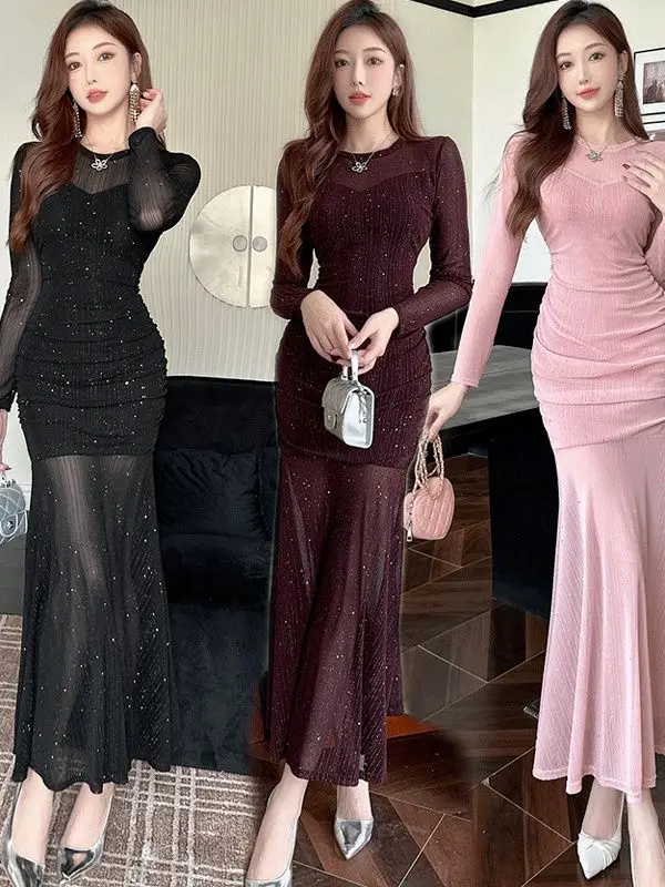 

Женское однотонное облегающее платье с длинными рукавами Y2K Шикарное базовое минималистское повседневное модное длинное платье с круглым вырезом Женские сексуальные юбки TS414