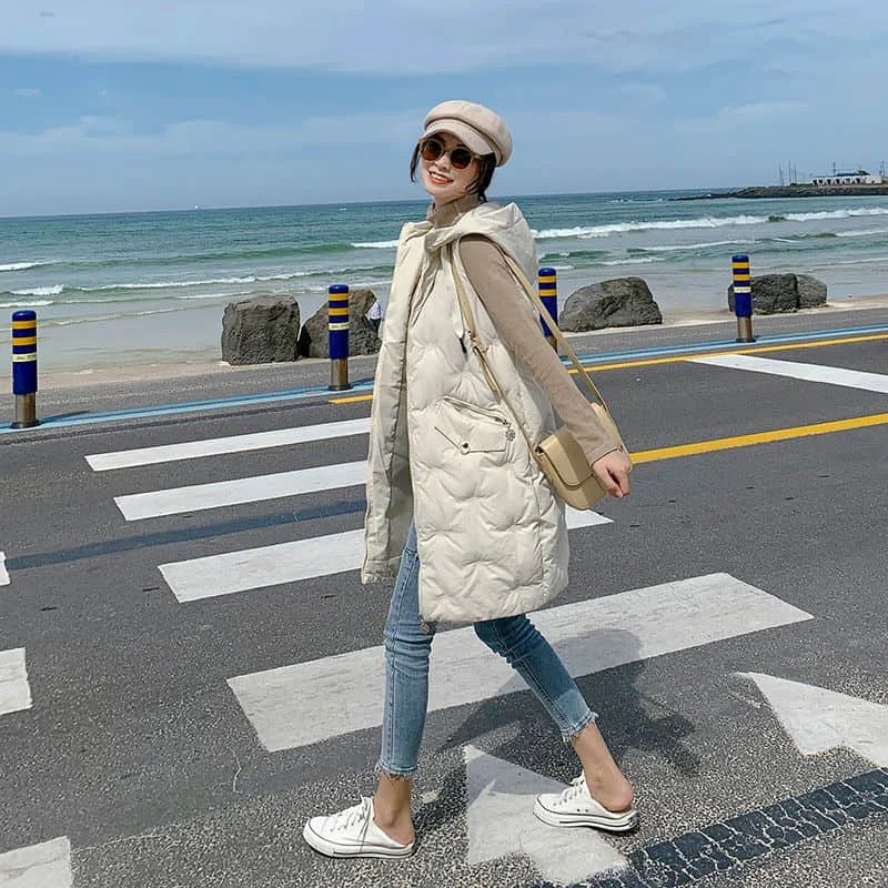 

Solid Waistcoats for Women Hooded Vests Casual Cotton Added Cardigans Korean Style Loose Mid Length Quilted Jacket Women Tops