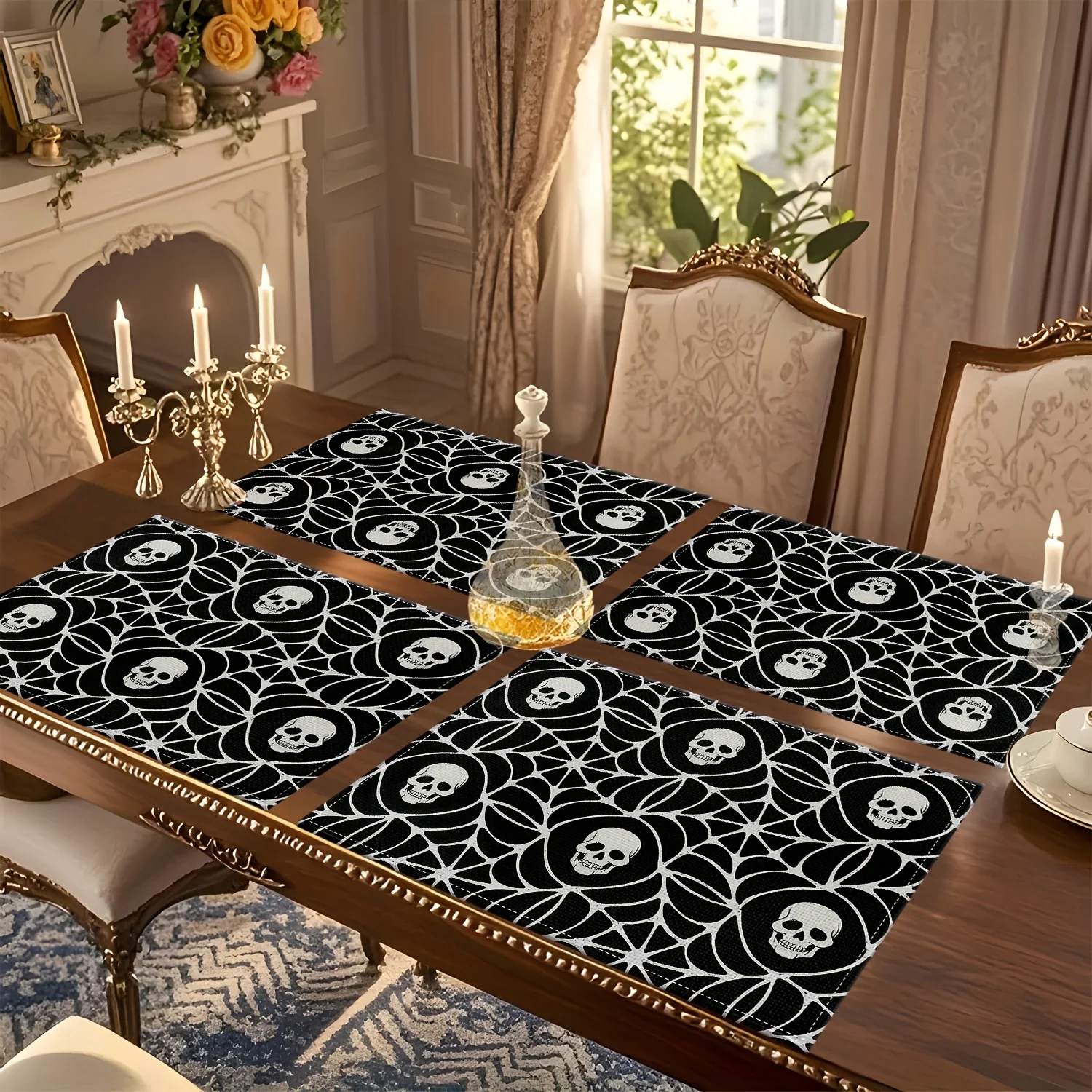 4pc 2D Printed Skull Black Background Geometric Pattern Themed Printed Square Placemat, with Cartoon Printed Patterns