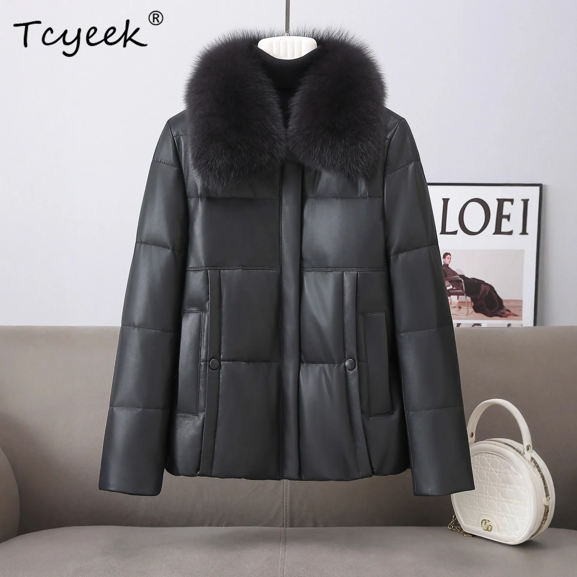 Tcyeek سترة جلدية أصلية للنساء ملابس الشتاء 2025 معطف من جلد الغنم الحقيقي امرأة دافئة أوزة أسفل معاطف الثعلب الفراء طوق