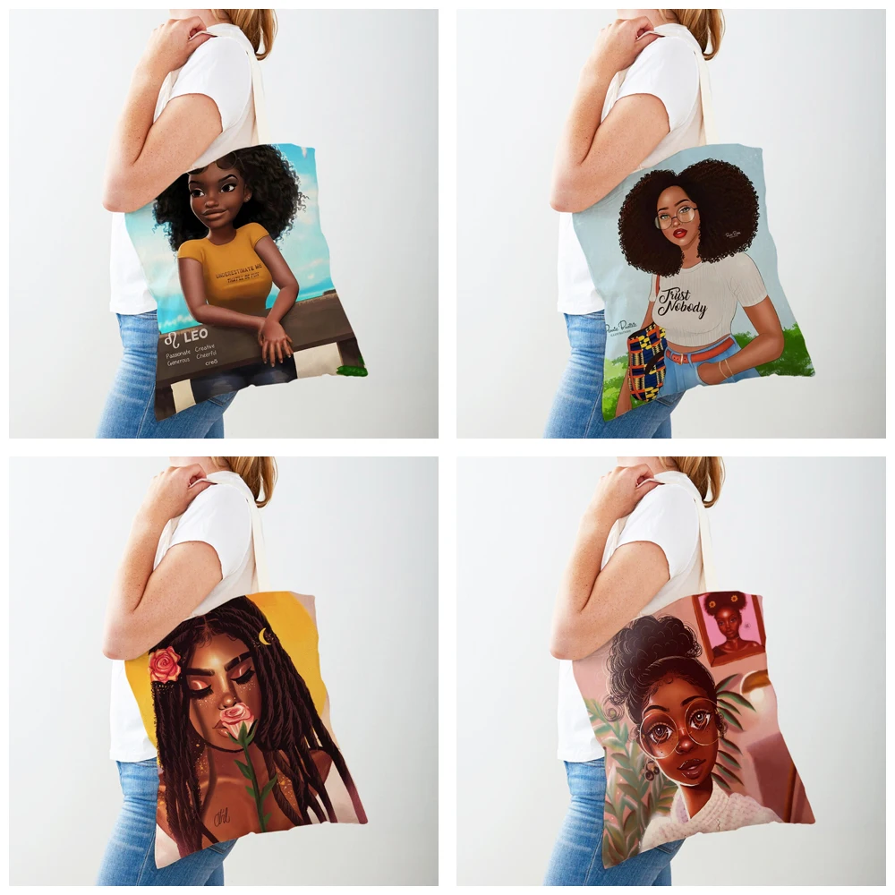 Casual Black Lady Canvas Shopper Bag Tote Handbag Reusable Fashion Cartoon Beautiful African Girl Shopping Bag for Women