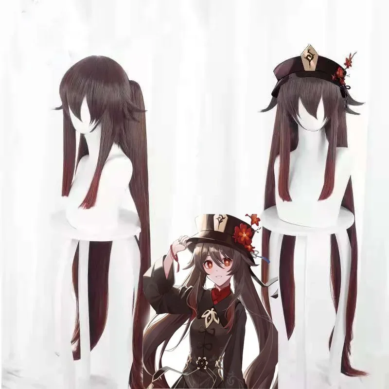 

FC6Hu Tao Cosplay Wig Hairnet 80CM Brown Double Ponytail Cosplay Anime Wig High Temperature Synthetic Hair@FC8！