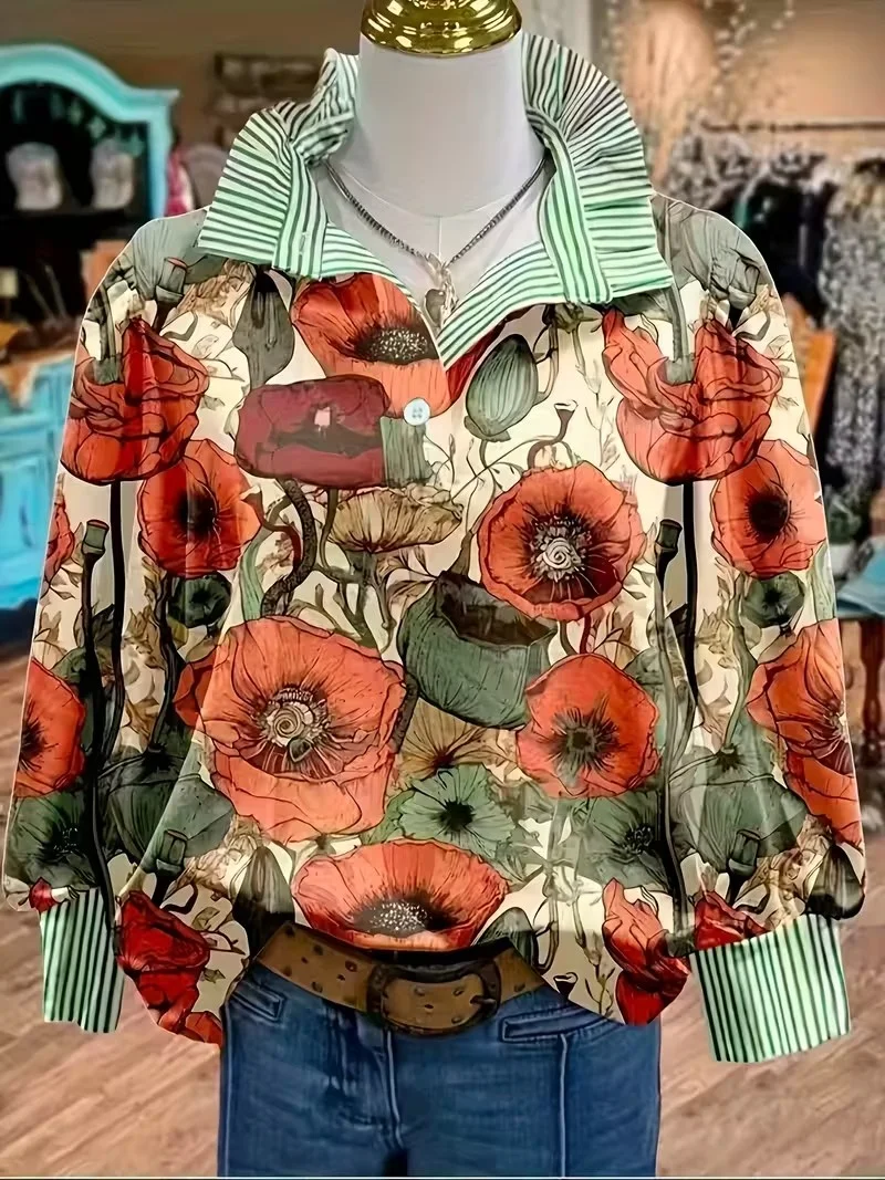 Women's striped casual fashion shirt with multi-color striped collar and half button shirt pattern,Elegant stand up collar desig