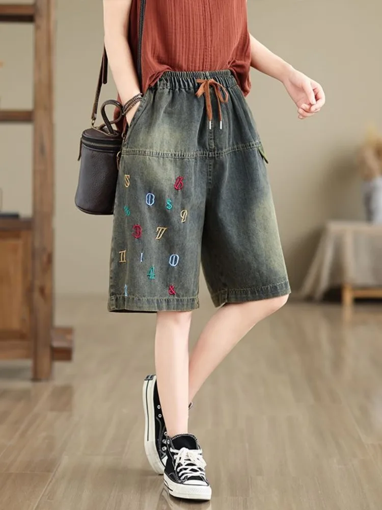 

Женские летние модные молодежные повседневные брюки с вышивкой на талии и широкими штанинами в стиле ретро, прямой крой