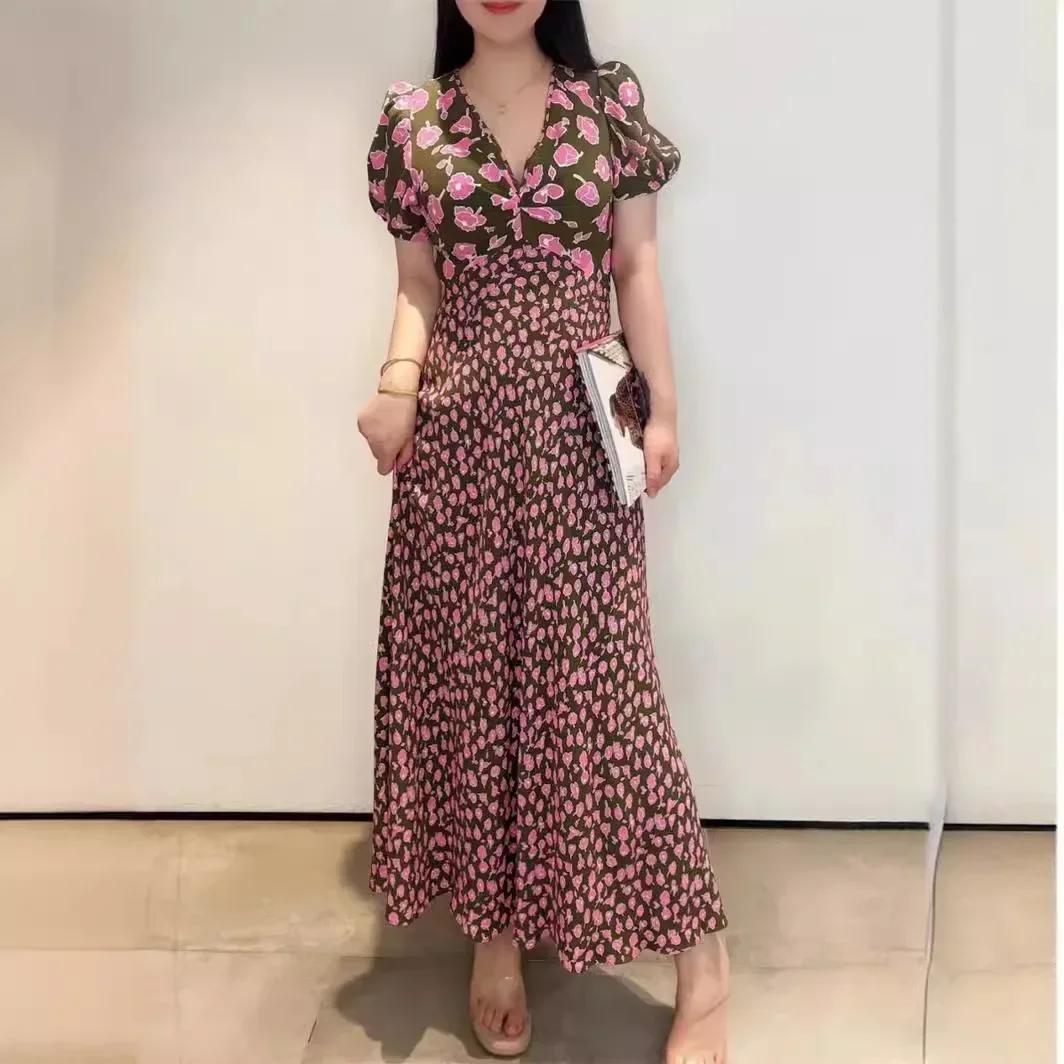 

Summer 2024 olive green rose dress V-neck tie office ladies elegant dress