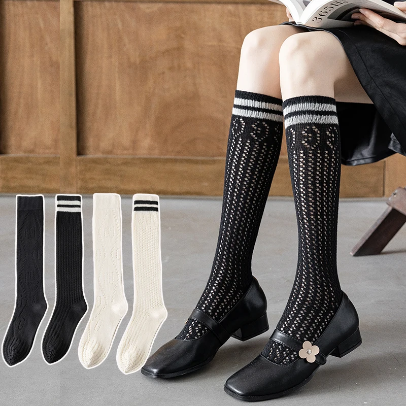 Spring Summer Women's New Mid-Calf Socks Hollow Design Striped Student Gift Socks in Combed Cotton High Quality Style Legwear