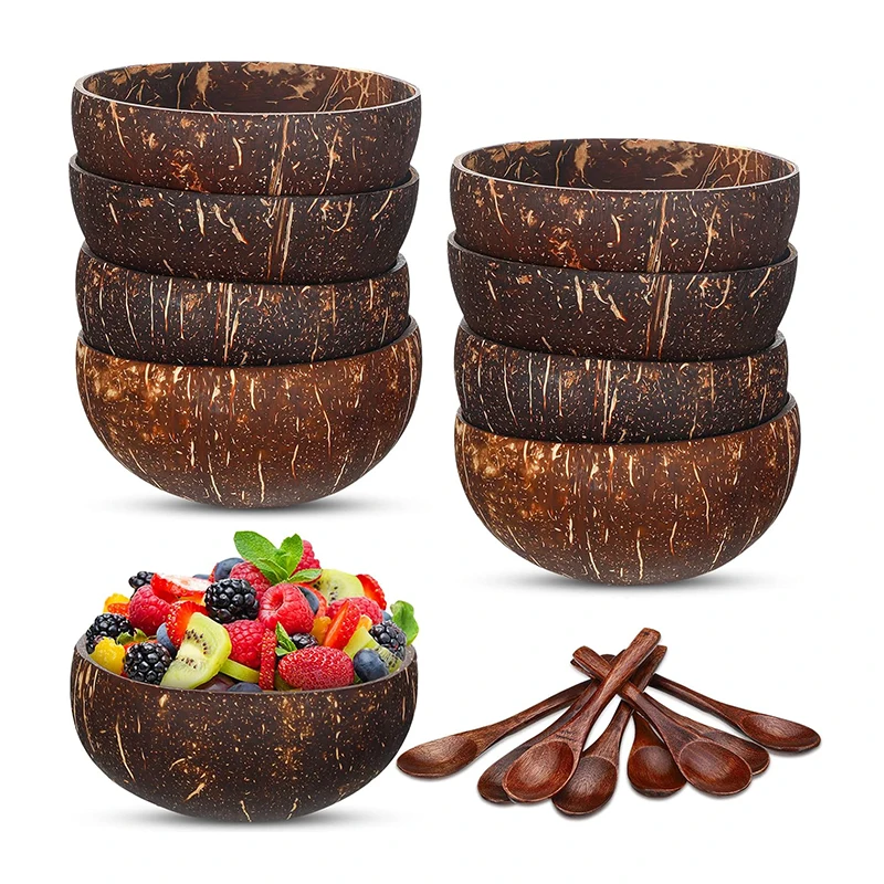 Natürliche Kokosnussschalen-Schüssel mit Löffel, Joghurt-Schüssel, Holzschüssel, polierte Kokosnussschalen, Obstsalat, Dessert, Holzlöffel-Sets, Schleife