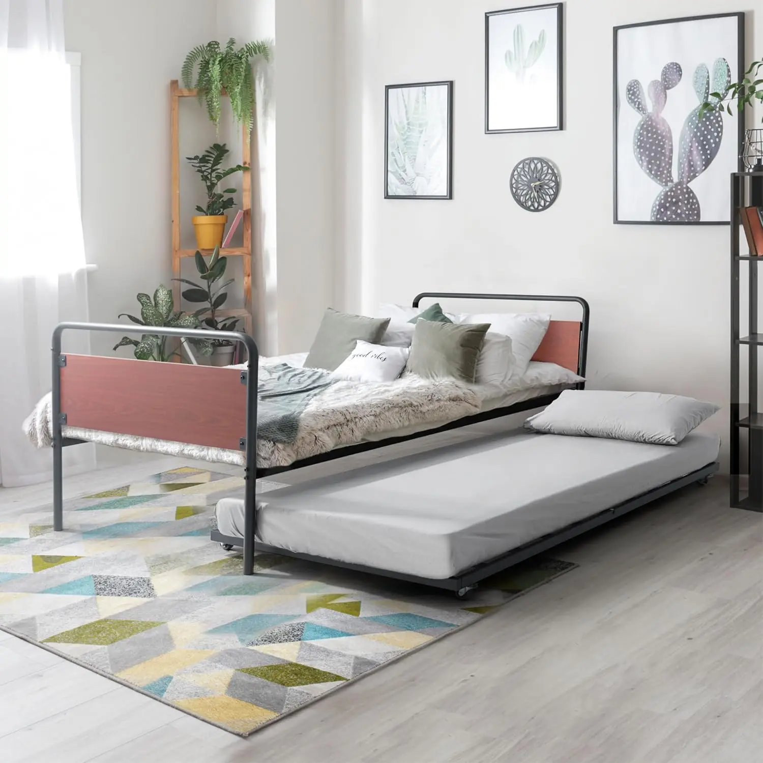 Round Corner Metal Daybed Frame with Trundle, Twin Bed and Trundle Set, Mattress Foundation with Steel Slat Support