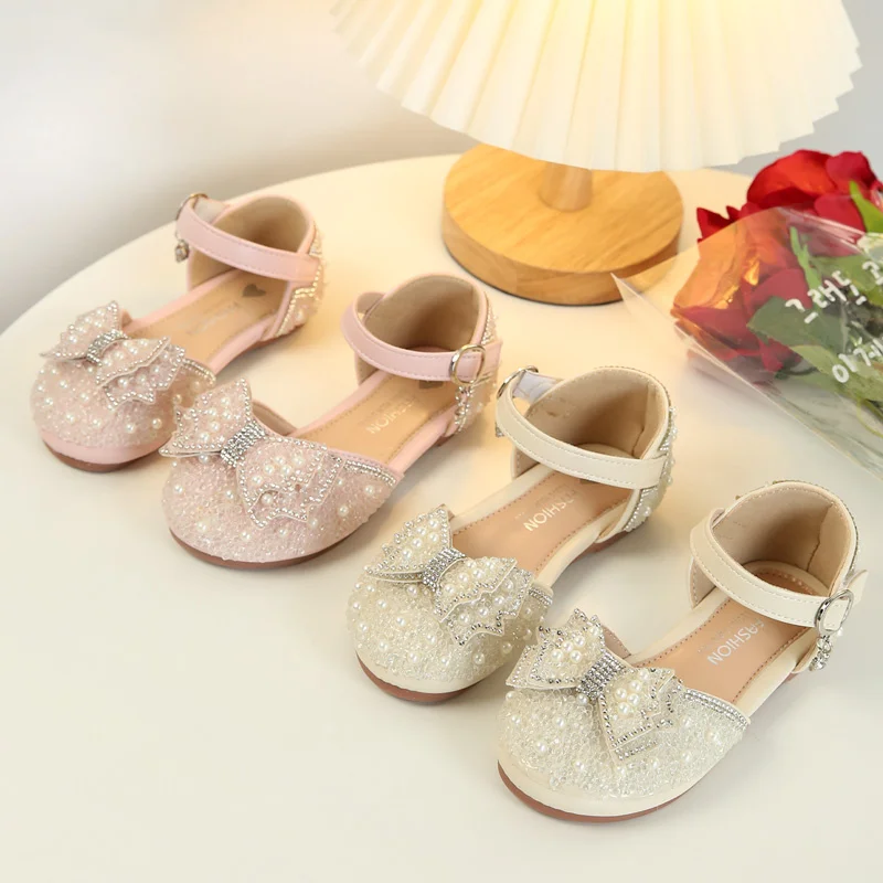 Baby Girls Princess Kids Fashion Student Cartoon Sandals Prom Cute and Comfortable Lace Crystal Bow Beaded Children Dance Shoes