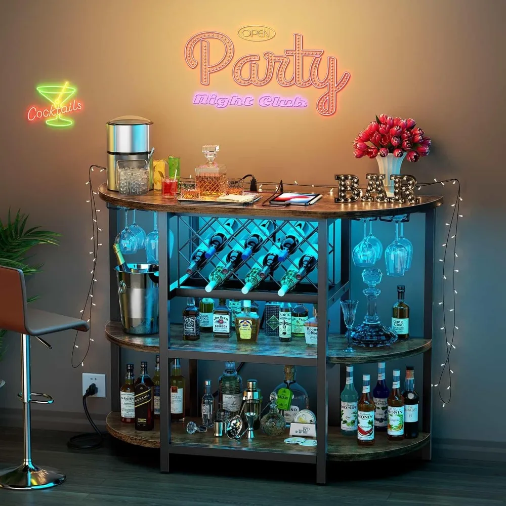 Bar Table Cabinet with Power Outlet , LED Home Mini Bar Cabinet for Liquor,  Metal Wine Bar Stand with 4-Tier Storage