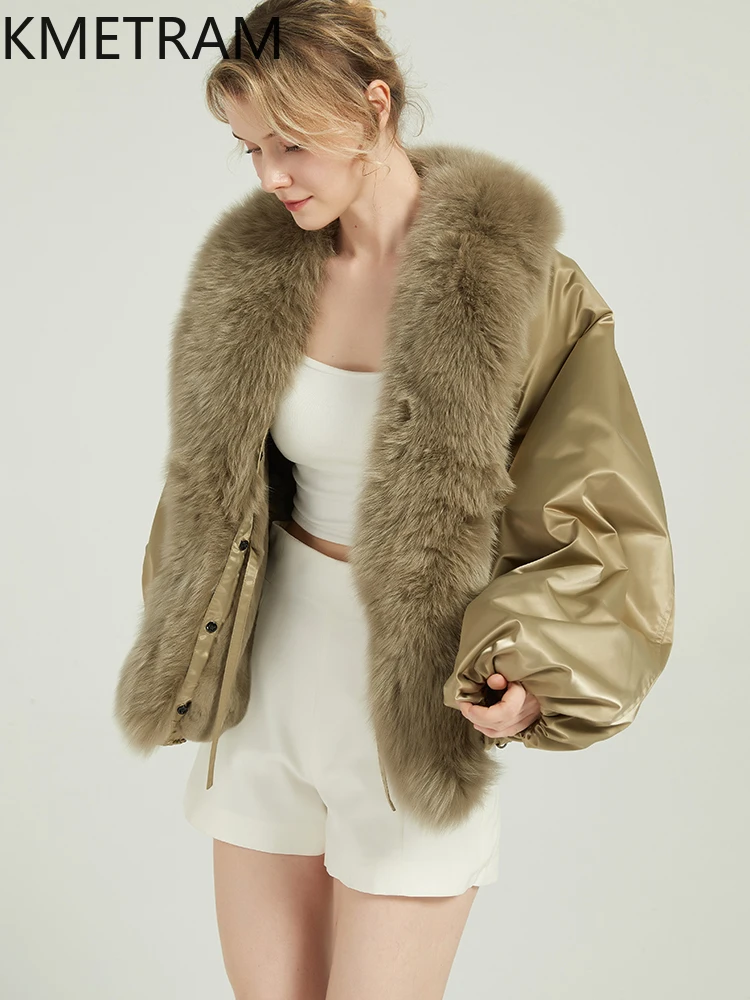 KMETRAM 100% Natural Rex Rabbit Fur with Fox Collar Double Faced Fur Coat Lantern Sleeves 2025 Woman Winter Short Clothing шуба