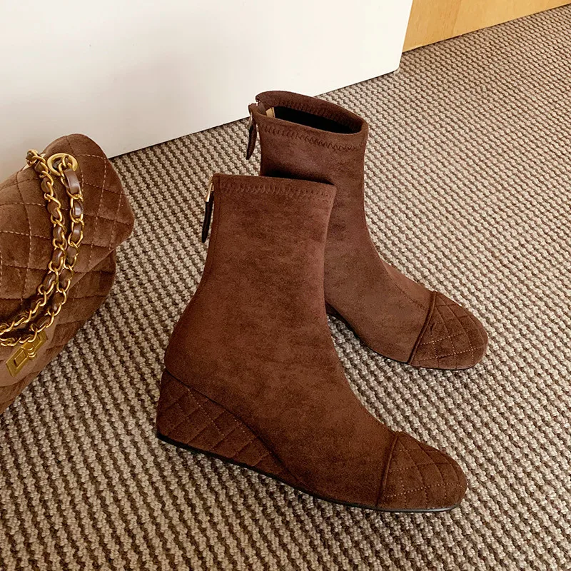 

MKKHOU модные короткие сапоги женские новые высококачественные ботинки с ромбовидной сеткой и круглой головкой на наклонном каблуке зимние теплые женские ботильоны