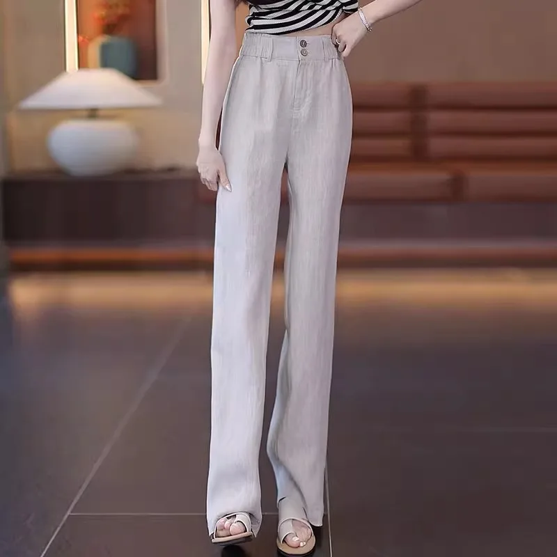 الصيف بارد الكتان السراويل المستقيمة عالية الخصر ضئيلة واسعة الساق السراويل النساء بسيطة بلون تنوعا السراويل الطويلة