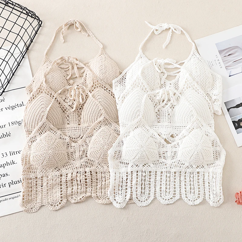 Summer Clothes Crochet Top Sexy Knitted Hollow Out Crop Top Women Halter Strapless Corset Femme Vintage Backless Bra Tops Female