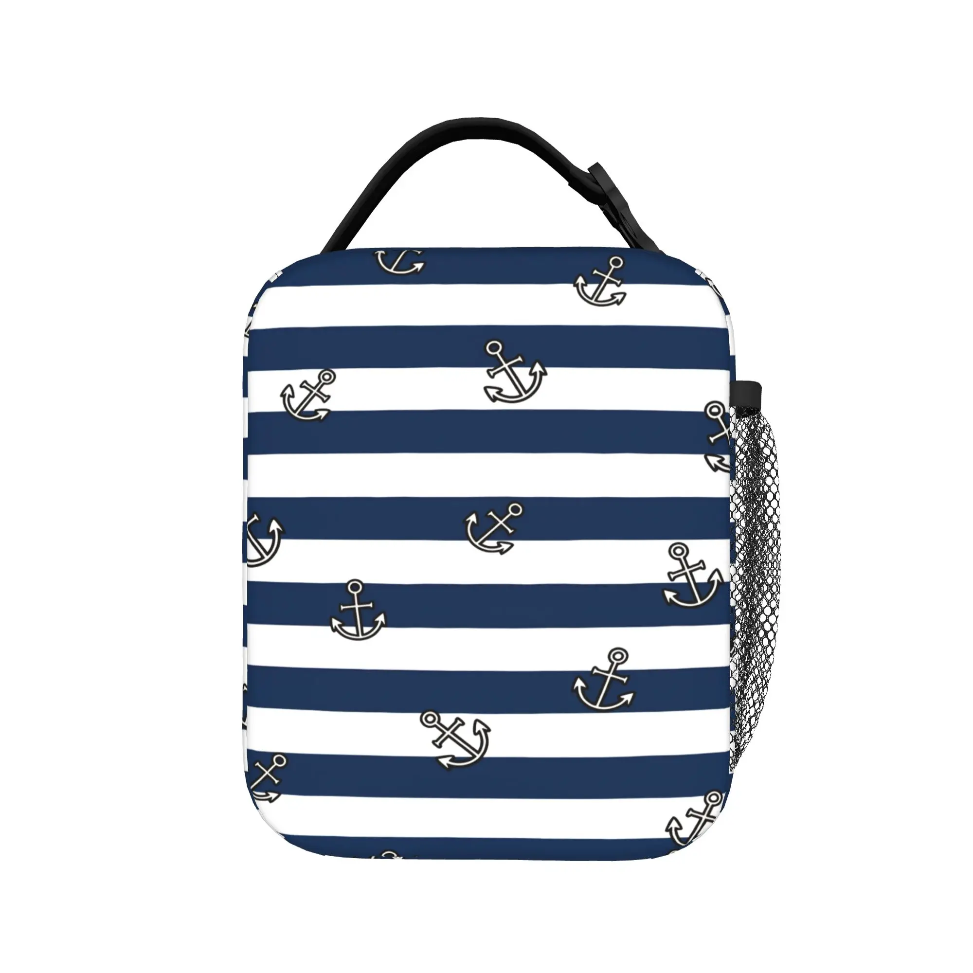 

Nautical Blue Anchors With Blue And White Stripes Lunch Bag Portable Insulated Lunch Box Child Cooler Bag Tote Food Bags