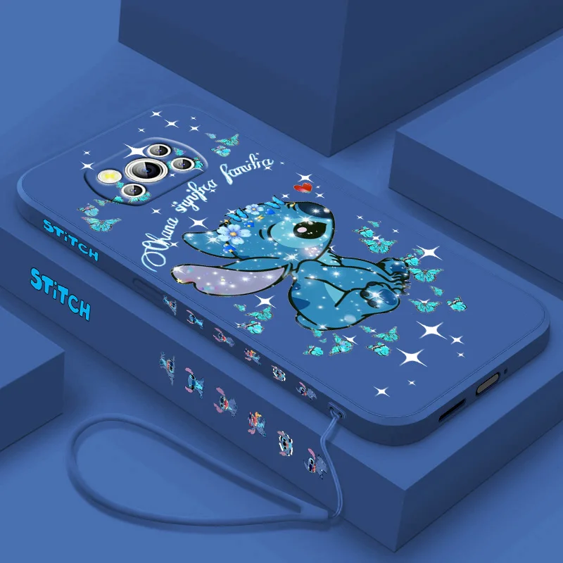 

Disney Stitch Fashion Phone Case For Poco X2 X3 X4 X5 C3 M3 F3 F4 F5 M4 M5 M6 C40 C55 NFC GT Pro Liquid Left Rope Funda Soft