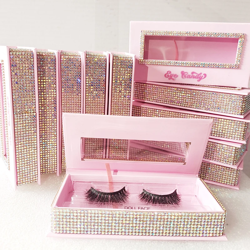 Customize Eyelash Packaging Wholesale Bulk 3d 25mm Mink Pink Lashes Case Glitter Diamond Eyelashes Package Custom Logo Lash Box