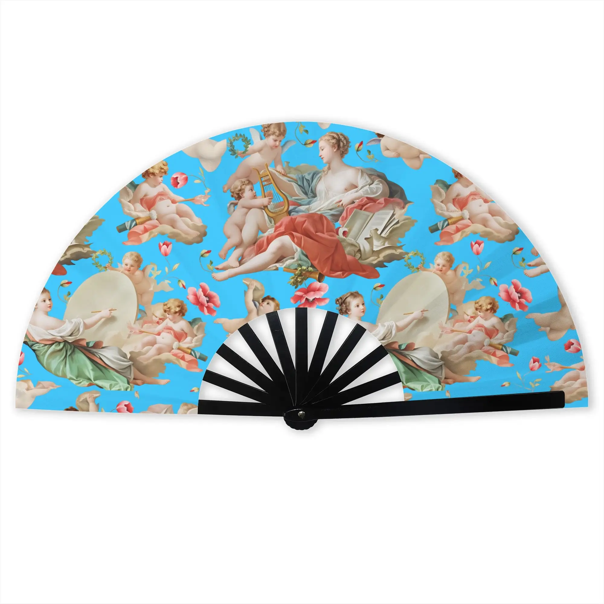 Victorian Renaissance Angel Rococo  Stylish Hand Fan Unisex Baroque Magic Cherubs Printed Polyester Fan  For Wedding Party Gift