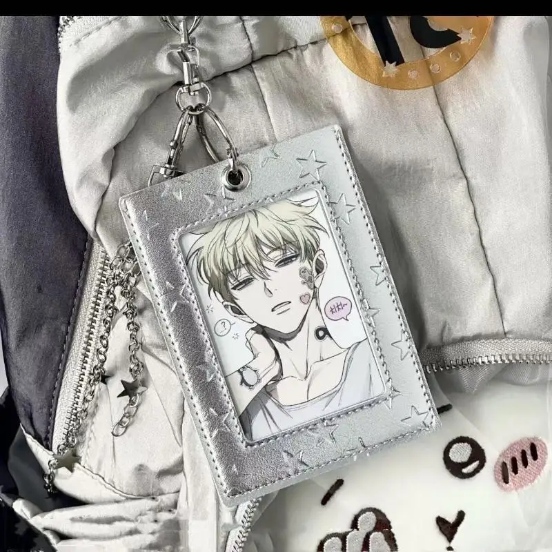 1Pc Leather Card Holder Silver Gray Star Pattern 3 Inch Card Case Photo Protector Pendant