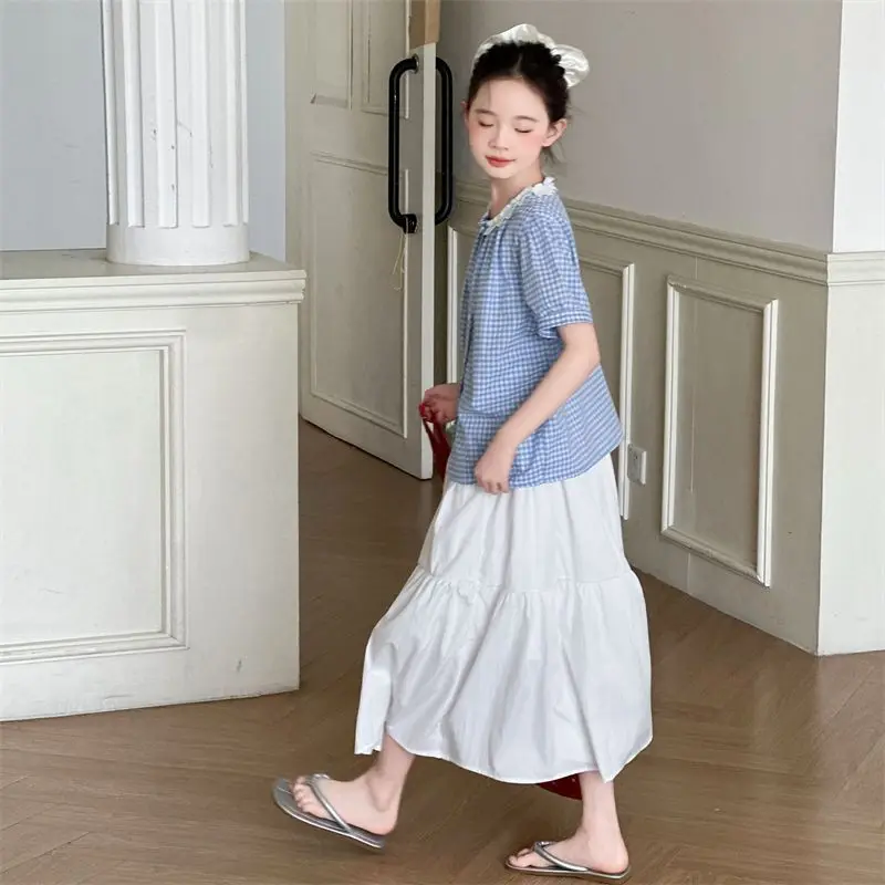 Girls Summer Short Sleeve Outfit 2026 New Kids Plaid Shirt Skirt Set Ruffle Hem Casual Fashion for Medium Big Size Children​