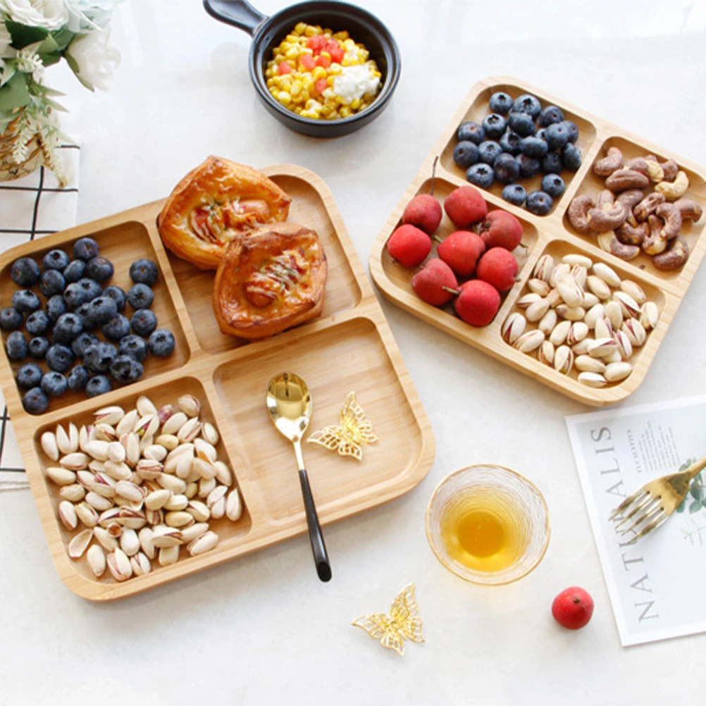 

Pcs Bamboo Snack Plate 4 Grids Rectangle Food For Fruit Dessert Salad Bread Serving Wood Texture Party Wedding Christmas
