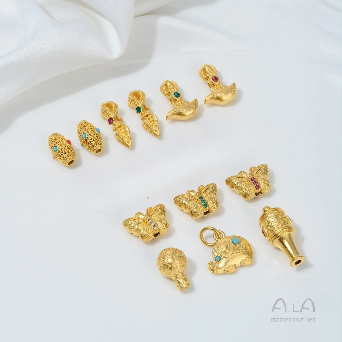 Brass Gold Tone CZ Vajra Pestle Axe Butterfly Elephant Spacer Beads Buddha Head Three Way Connector DIY Jewelry Findings