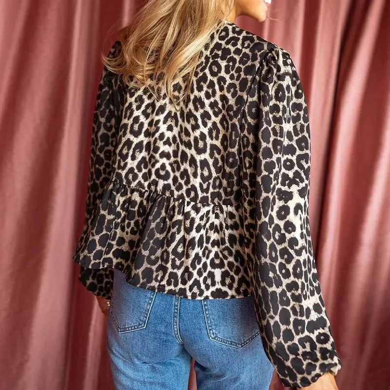 Camicia a maniche lunghe con stampa leopardata di nuova moda autunnale da donna Camicia sexy con lacci allentata Pullover Top