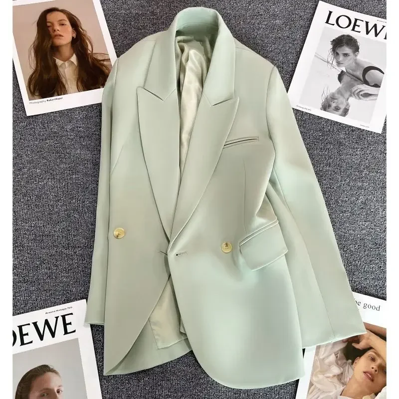 Double Breasted Korean Style Sense of Design Leisure Blazers Women's Mint Bean Green Suit Jacket Spring Autumn Versatile Outwear