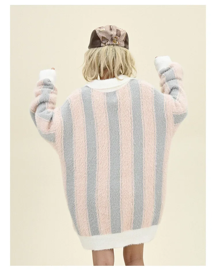 Soft Waxy Striped Sweaters Women's 2024 Winter New Loose Bf American Trendy Brand Knitted Top