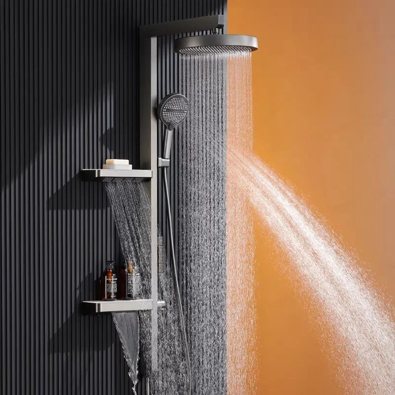 Luxury Smart Rainfall Shower System with Brass Construction Large Storage Shelf Massage Jet Supercharged Shower Head for Bathroo