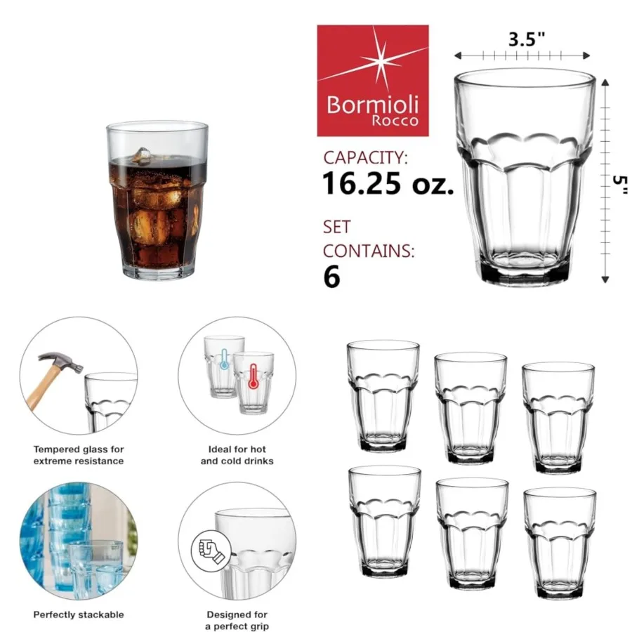 

Rock Bar 16.25 oz. Cooler Stackable Tempered es for Cold Drinks, Water, and Cocktails, Set of 6, Clear