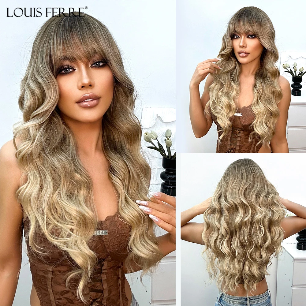 

LOUIS FERRE Long Water Wave Synthetic Wigs for Women Brown Blonde Ombre Wigs for All Occasions Natural Fashion Wigs With Bangs