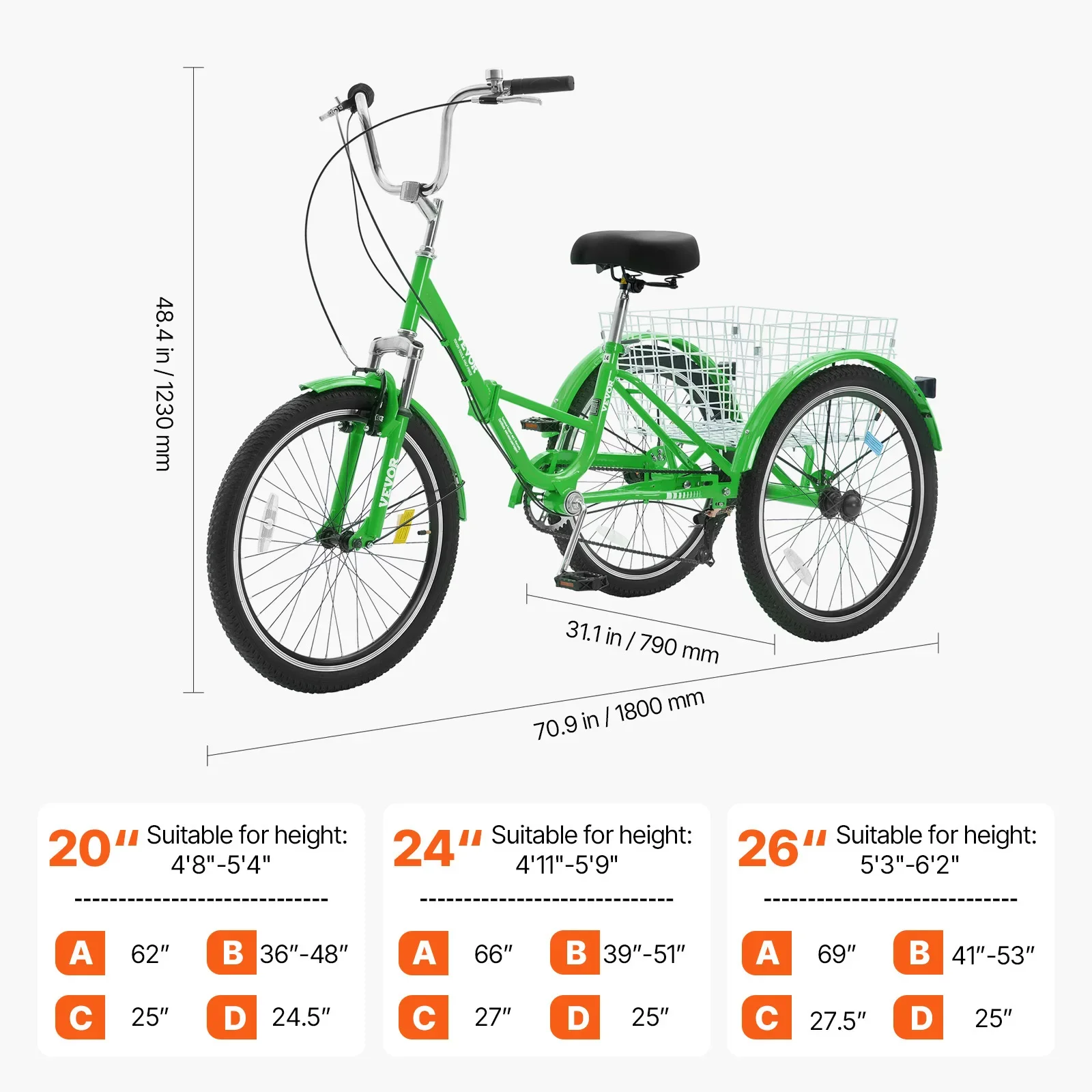 20-26inch Folding Adult Tricycle 7 Speed Carbon Steel 3 Wheels with Basket Adjustable Seat Shopping Picnic