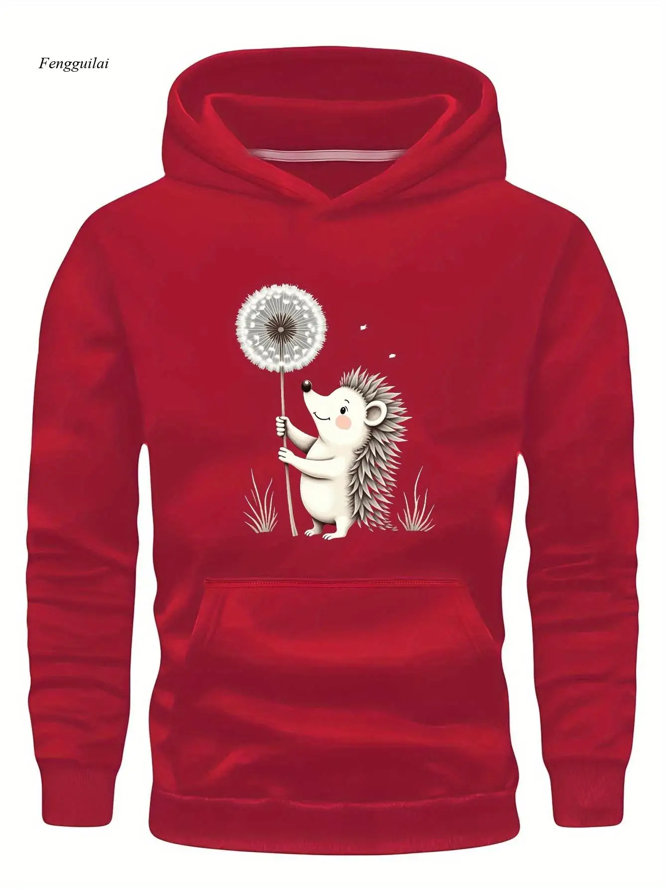 Sweat à capuche décontracté avec graphique hérisson et pissenlit – Noir, coupe ample, manches longues, tissu non extensible, motif géométrique