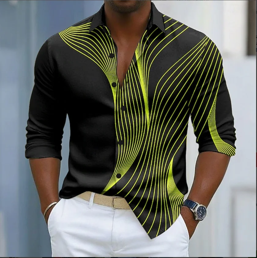 New Blue And White Gradient Geometric Lines men's Long Sleeved Shirt  Light Luxury Slim Fit Commuting Casual Shirt