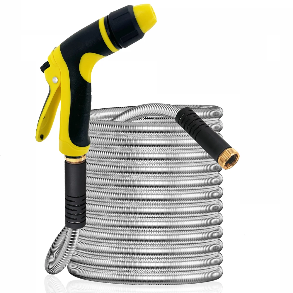 

НОВЫЙ 25-футовый садовый шланг из нержавеющей стали, металлический шланг для воды, патио, открытый шланг для мойки автомобилей на колесах, поливочный пистолет, шланг, садовые аксессуары ﻿