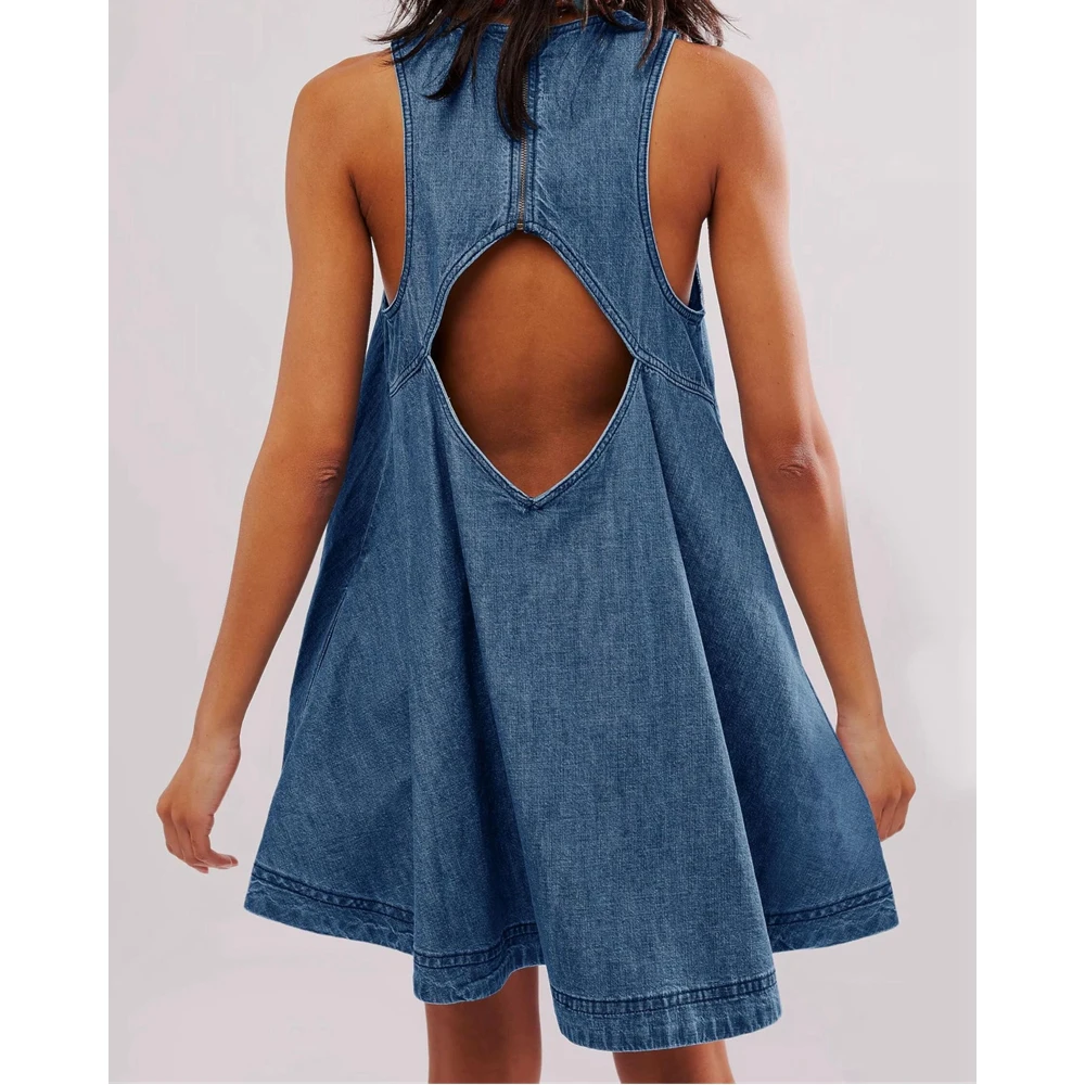 Elegant Women Cut Out Back O-Neck Midi Casual Denim Dress Summer Sleeveless A-Line Dresses Evening Outfits