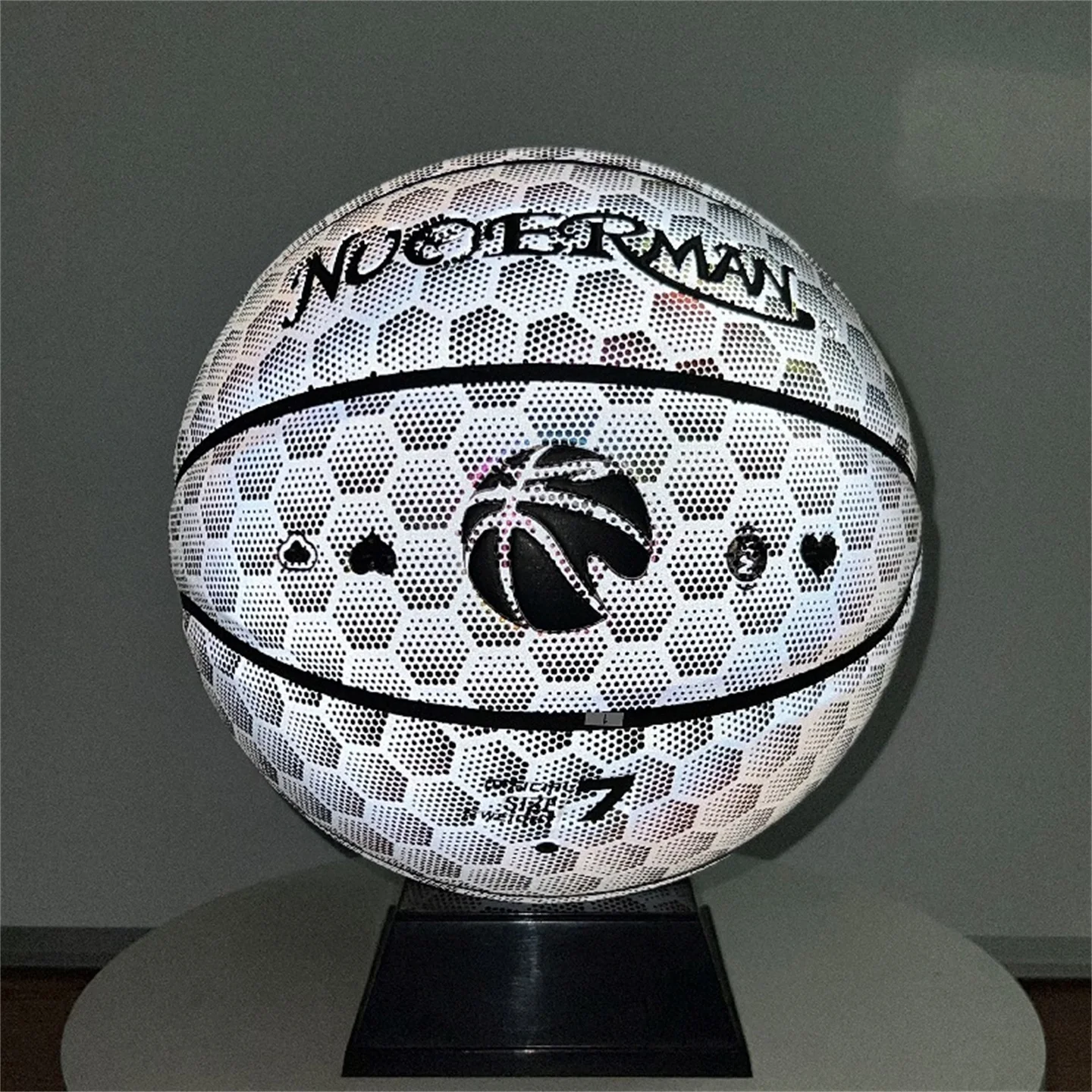 Echtes Rindsleder, Größe 7, #   Nachtleuchtender Basketball, offizieller Wettbewerb, für Erwachsene, Studenten, drinnen und draußen, Straße, reflektierender Lichtbasketball