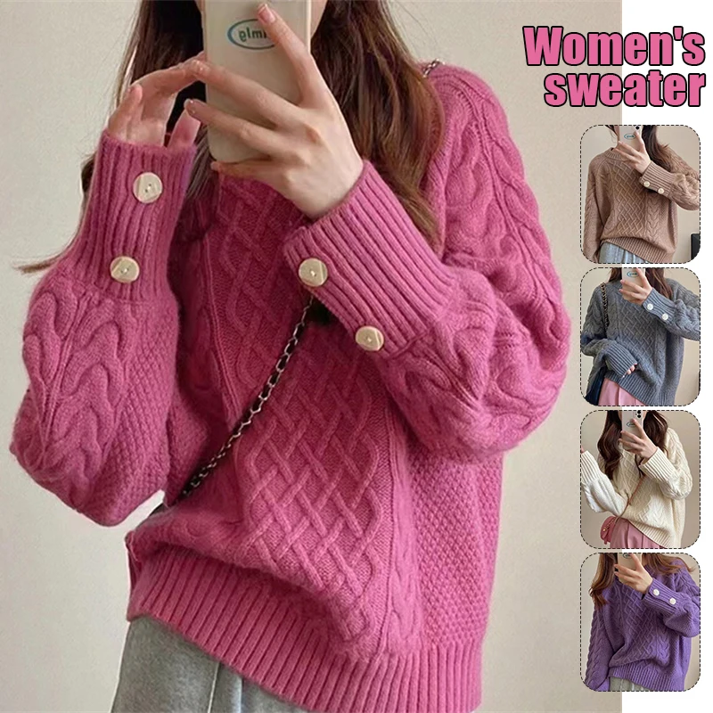 

Korean Pink Retro Button Cuff Solid Sweaters Women Fall Winter New O-Neck Pullover Sweaters Casual Bottoming Tops Adult Girls