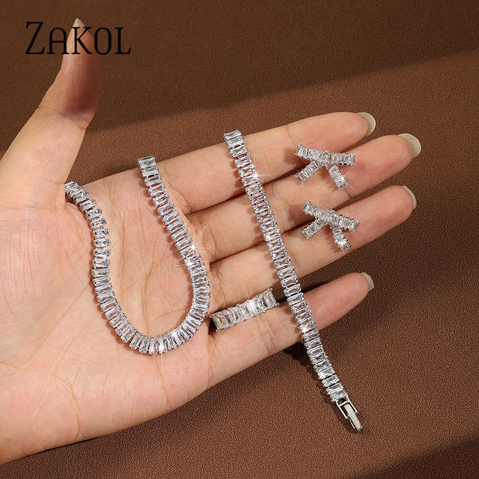 

ZAKOL Fashion Full Paved Square Cubic Zircon Earrings Necklace Bracelet Ring 4 Piece Set For Women Luxury Wedding Bridal Jewelry